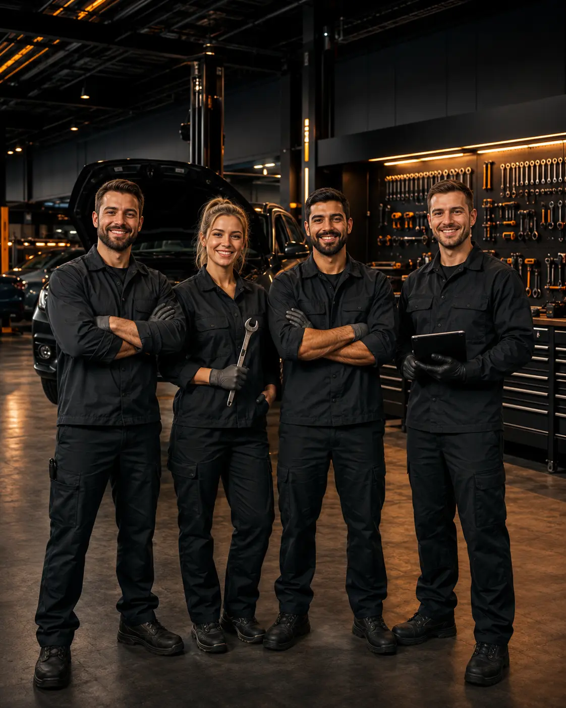 Equipe Modelo em frente a carro em manutenção